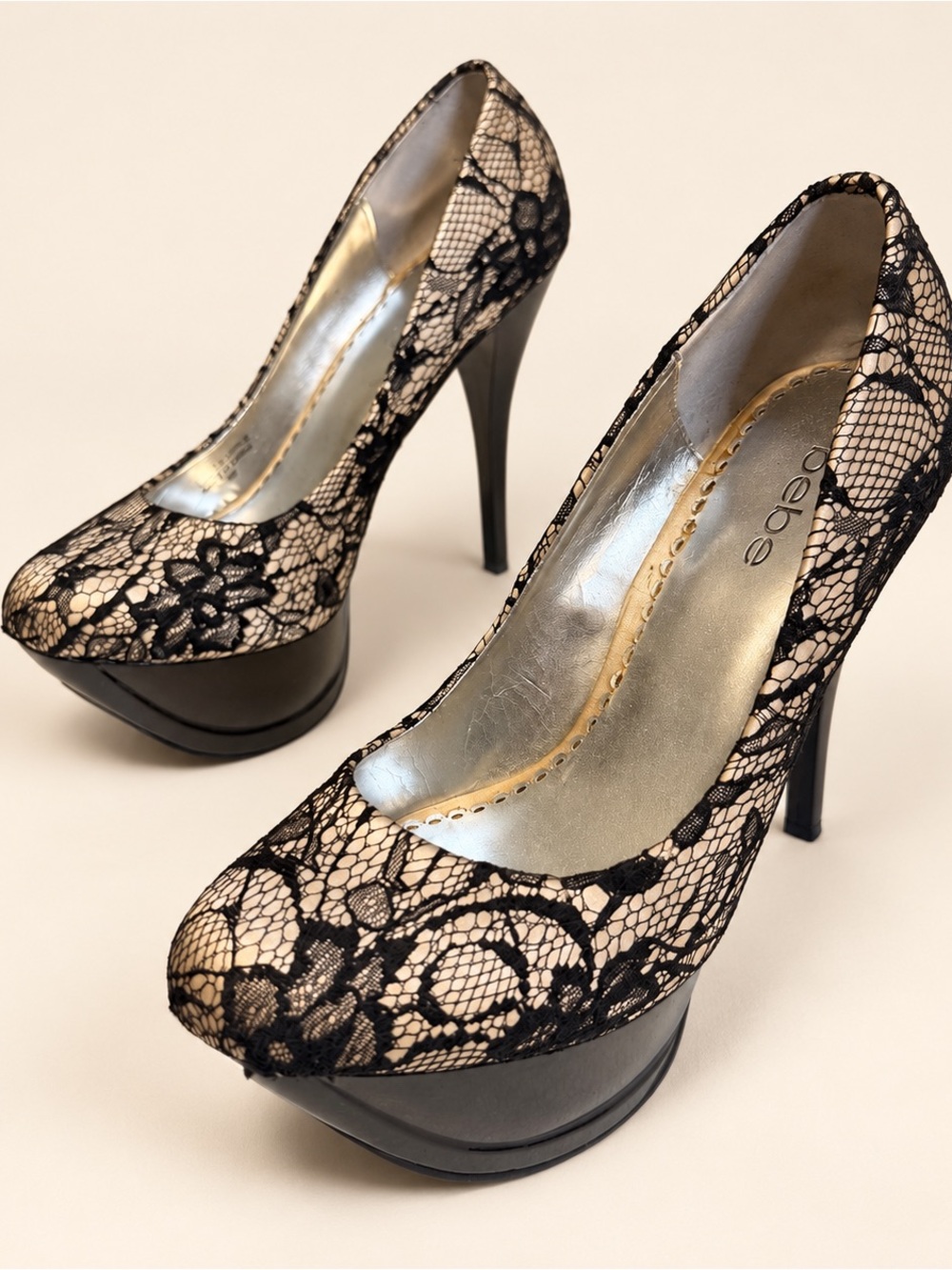 Bebe Black Lace Nude Platform Stiletto Pumps  9M